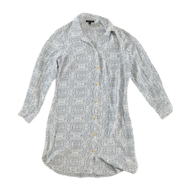 Lauren Gold 100% Silk White Button Down Shirt Dress Blue Geometric Print Size L - Picture 10 of 10